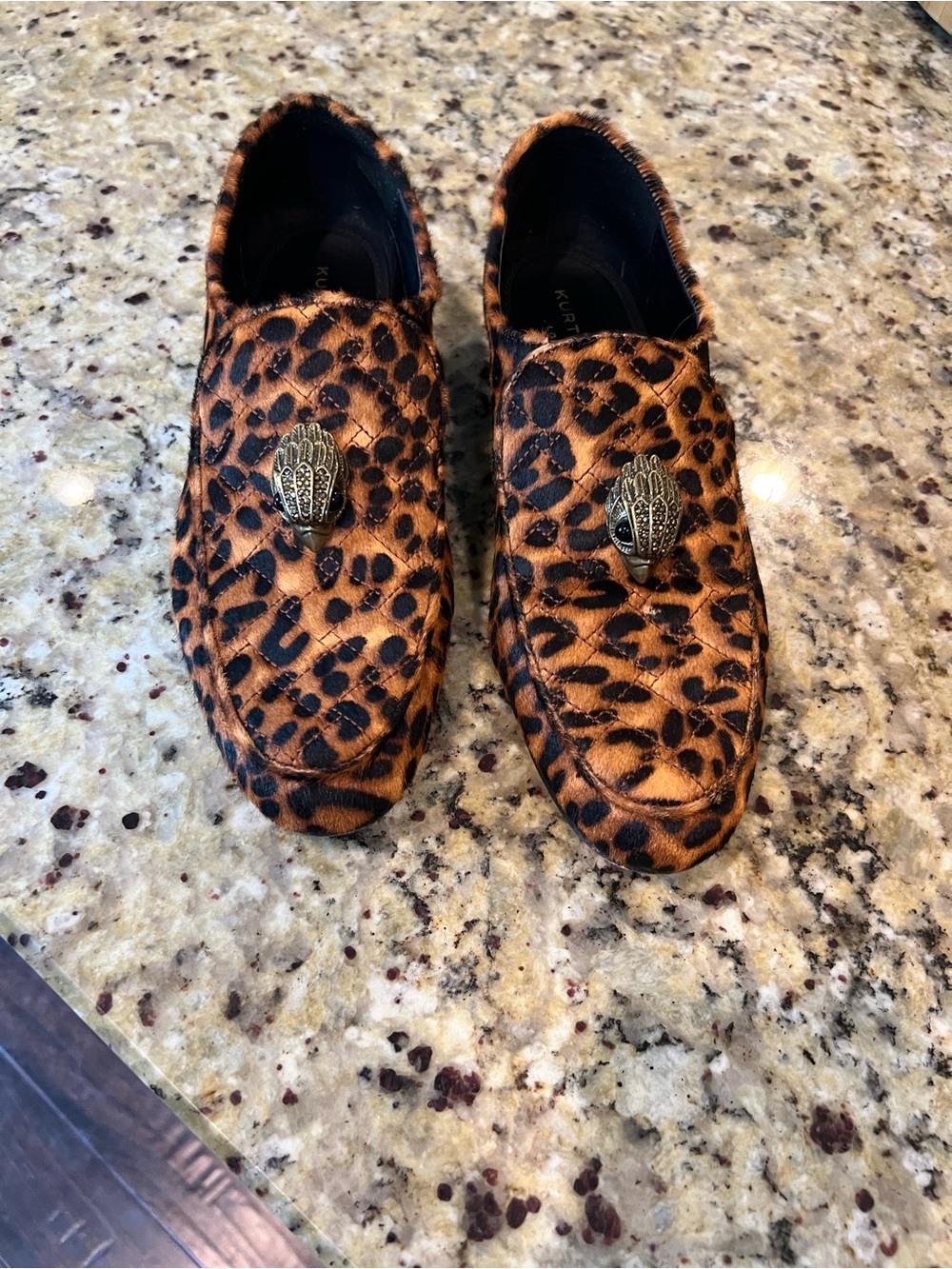 Kurt Geiger Leopard Print Loafers with Gold Hand Medallions